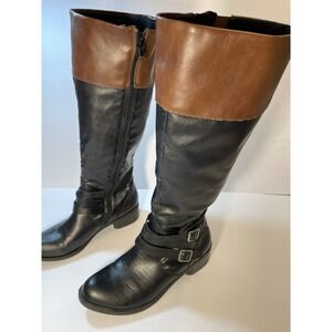 Me Too Knee High Boots Women's 7.5M Dove Black Faux Leather Fabric Inside Zip Up